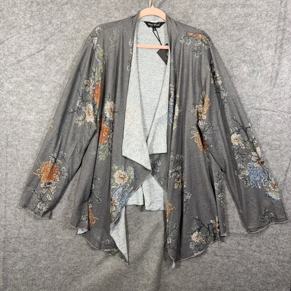 Young Threads Cardigan Womens 1X Gray Floral Embellished Boho NWT